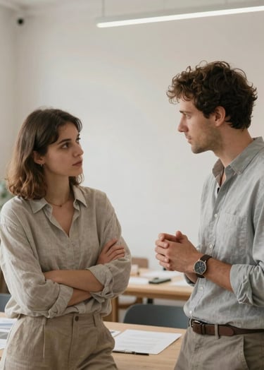 A photography shot of two creative professionals discussing a project in a bright European / French co-working space dedicated to arts. The composition is clean and modern. Colors include pale slate clothing and soft linen interior elements.