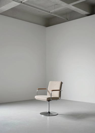 An interior shot of a minimalist photography studio with white walls and high ceilings. A single designer chair sits in a pool of soft light. Clean, spacious, and sophisticated atmosphere. Global / Hispano design aesthetic.