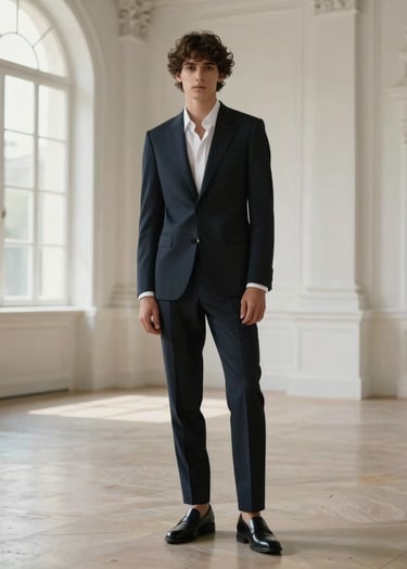 A sophisticated full-length fashion portrait in a grand hall with classical white architecture, soft natural light through large windows, elegant and high-end aesthetic, Global / Hispano setting.