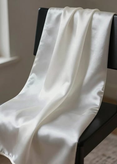 Detailed shot of a silk textile draped over a minimalist black chair. The texture of the white fabric is highlighted by directional light from a window. Elegant and timeless composition. Global / Hispano style.
