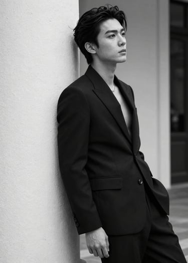 Vertical editorial portrait of a person in a tailored black suit, leaning against a white textured pillar, high contrast, cinematic black and white lighting, Global / Hispano context, luxury fashion style.