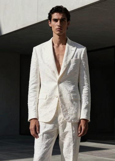 A high-fashion portrait of a model in a structured white linen suit, standing in the shadows of a minimalist modern building. Dramatic cinematic lighting with high contrast, deep blacks, and crisp whites. Global / Hispano setting. Sophisticated and luxury mood.