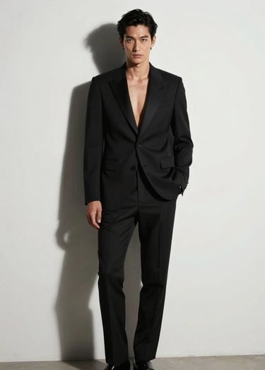 A high-fashion vertical portrait of a model in a sharp black tailored suit, standing against a clean white wall in a minimalist studio. The lighting is dramatic, inspired by film noir, with sharp shadows. Global / Hispano style, sophisticated and elegant composition.