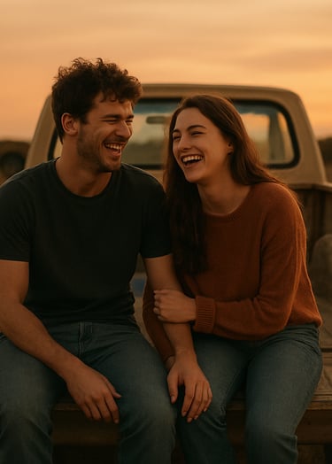 A cinematic lifestyle shot of a young couple sitting on the tailgate of a vintage truck in a North American rural setting. The lighting is warm dusk, highlighting genuine laughter and authentic connection with a terracotta and charcoal color palette.