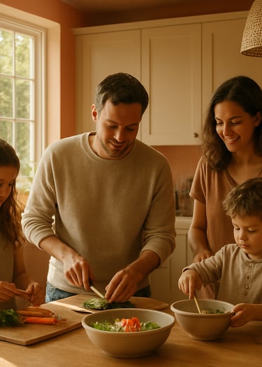 A candid lifestyle photograph of a family preparing a meal together in a warm, cinematic North American kitchen. Sun-drenched lighting through large windows, with earthy terracotta and soft sand accents.