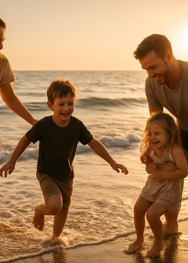 Candid lifestyle photography of a family playing in the shallow surf on a North American beach at sunset. The lighting is warm and sun-drenched, with soft sand and charcoal shadows. Cinematic composition focusing on authentic emotion and connection.