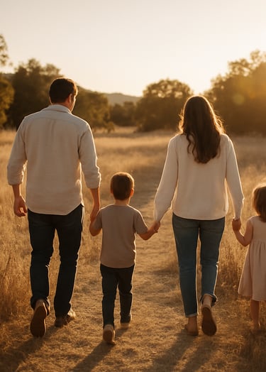 A cinematic wide shot of a family walking together through a sun-drenched North American meadow, soft sand colors in the dry grass, warm lens flares, authentic lifestyle photography.