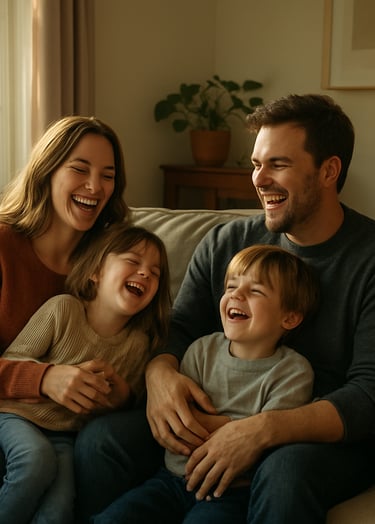 A cozy, sun-drenched North American living room where a family is laughing together on a soft couch. Authentic, candid composition with warm terracotta and charcoal accents. Cinematic lifestyle photography.