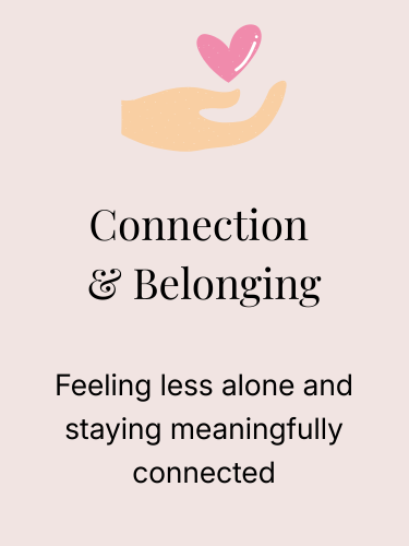 A hand cradling a pink heart with text about connection, belonging for elder adults