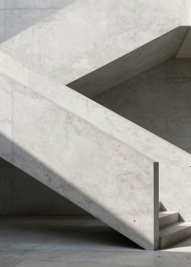 Minimalist architectural photography of a raw concrete staircase, North American / European setting, morning sunlight casting sharp geometric shadows, clean architectural lines, sophisticated grayscale palette of whites and soft grays.