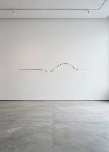 A high-key photograph of a minimal white interior space in a North American gallery. A single, thin black line of a wire sculpture creates a stark contrast against a light gray wall. The floor is a polished, pale gray concrete reflecting soft, diffused light.
