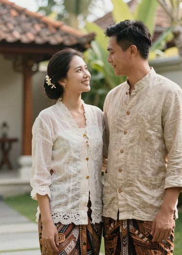 An elegant portrait of a couple in traditional but modern linen attire standing in a sun-drenched Bali villa garden, warm tones #C7B7A3, soft focus, high-end travel aesthetic.