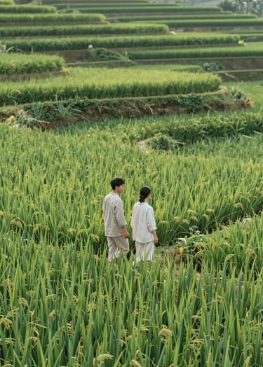 A minimalist, high-angle shot of a couple walking through emerald green rice terraces. They are dressed in light linen fabrics (#F7F3EE). The scene is bathed in natural morning light, emphasizing a warm, storytelling aesthetic. The greens of the landscape align with #5F705B.