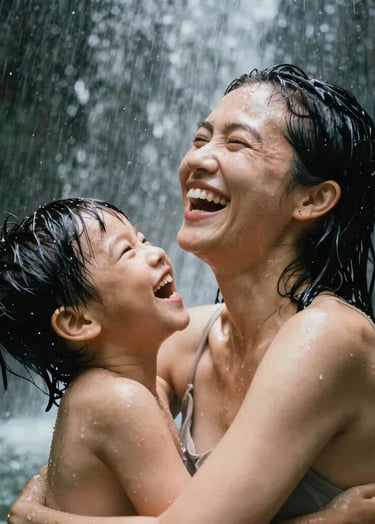 A heartfelt, candid close-up of a mother and child laughing together under the soft spray of a jungle waterfall. The water sparkles with light, and the tones are a mix of #5F705B greens and warm #C7B7A3 skin tones. The composition is intimate and artful, focusing on the genuine emotion of the moment.