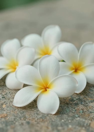 A close-up, artful shot of Balinese frangipani flowers lying on a weathered stone surface, soft morning light, serene and minimalist, incorporating soft greens like #5F705B and beige tones of #C7B7A3.