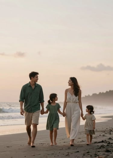 A serene and heartfelt elegant photograph of a family walking hand-in-hand on a minimalist Bali beach at sunset. Warm, intimate storytelling aesthetic. Soft lighting. Subtle tones of dark green (#2A362B), muted green (#5F705B), warm beige (#C7B7A3), and off-white (#F7F3EE) in the clothing and landscape.