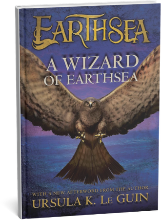 A Wizard of Earthsea book cover by Ursula K. Le Guin featuring a hawk with wings spread.