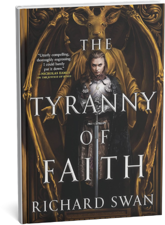 The Tyranny of Faith fantasy novel book cover by Richard Swan featuring a warrior queen holding a sword.