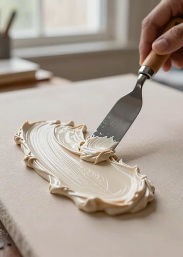 A close-up photograph of a palette knife spreading thick, ivory-colored molding paste onto a canvas. The lighting is soft and natural, coming from a window in a North American artist's studio, highlighting the peaks and valleys of the texture in muted beige tones.