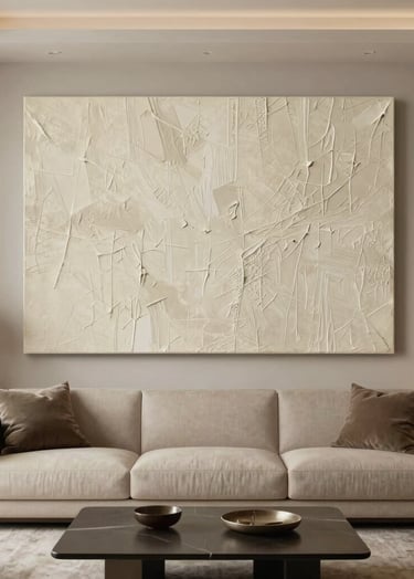 An interior design photograph of a modern, high-end North American living room. A large textured canvas by Maddy's Textured Art is centered above a minimalist sofa. The room is decorated in soft beige and earth tones, feeling sophisticated and elegant.