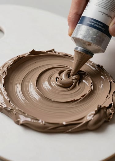 A professional photograph of an artist mixing molding paste with muted brown acrylic paint on a clean palette. The textures are thick and creamy, reflecting an elegant, handmade process.