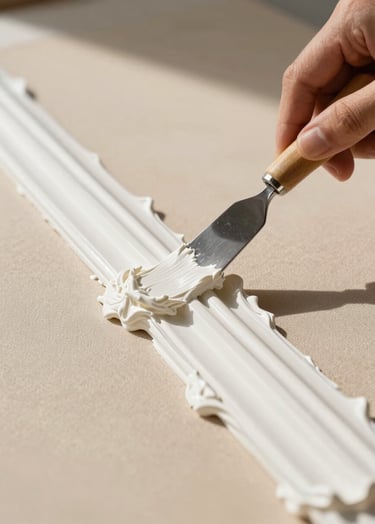 A close-up photograph in a sunlit North American studio. A hand holds a steel painting knife, spreading thick, sculptured white molding paste across a canvas. The texture is heavy and architectural. Warm sand and soft beige tones dominate the background.