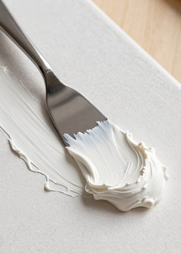 A top-down, clean macro photograph of a stainless steel palette knife spreading thick, white molding paste across a canvas, creating deep ridges and valleys. The lighting is soft and natural, coming from the side to highlight the heavy texture. The background shows hints of a soft beige wooden table in a North American studio setting.