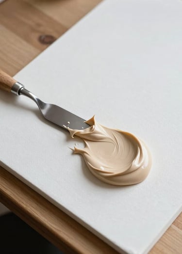 A top-down, elegant photograph of a clean wooden table with a metal palette knife spreading thick, soft beige molding paste onto a white canvas. Soft natural light highlights the peaks of the texture. North American / Western art studio setting.