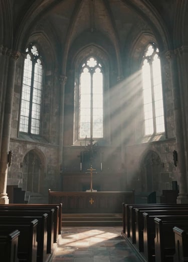A cinematic wide-angle shot of a historic stone church interior at dawn. Beams of morning sunlight stream through high windows, illuminating dust motes in the air. The atmosphere is serene and inspiring, with a palette featuring #1A2F3C shadows and #F5F2EC highlights. High-end artistic photography style.