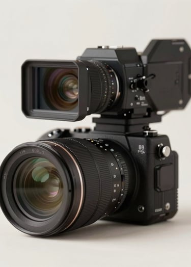 A professional and elegant studio shot of a high-end cinema camera and photography lens resting on a minimalist surface. The background is a clean #F5F2EC, emphasizing the craftsmanship of the equipment in #1A2F3C tones. Inspiring and trustworthy.