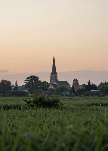 A serene, artistic landscape at dawn featuring a distant church steeple. The lighting is soft and golden, incorporating #A79E8B tones into the horizon, while the foreground shows lush #4C6A65 greenery. The style is professional and inspiring.
