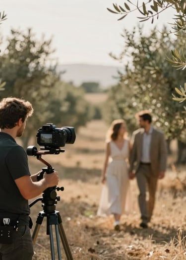 A wide artistic shot of a videographer operating a high-end camera on a gimbal, capturing a couple walking through a sun-drenched olive grove. The lighting is warm and ethereal, featuring a soft color palette of #F5F2EC and #A79E8B. The style is professional, cinematic, and evokes a serene Christian storytelling vibe.