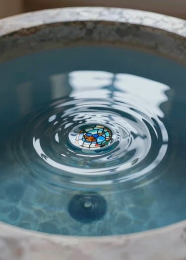 An artistic macro shot of clear water ripples in a stone baptismal font. The reflection of a stained-glass window is subtly visible on the water's surface. The style is serene and professional, incorporating the deep #1A2F3C blue and #F5F2EC white in the reflections and shadows.