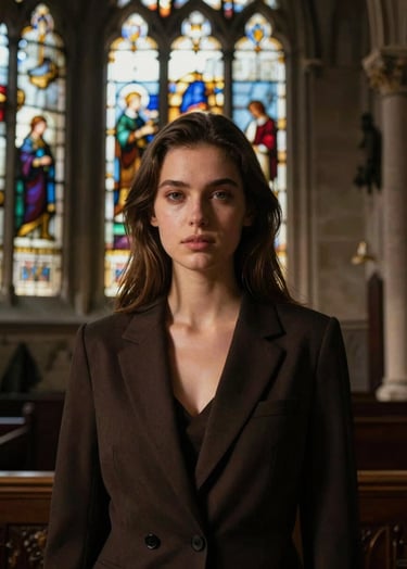 A portrait of a young woman standing in a historic chapel, her face illuminated by colorful light from a stained-glass window. The shot is high-contrast and elegant, featuring rich #1A2F3C shadows and #A79E8B highlights.