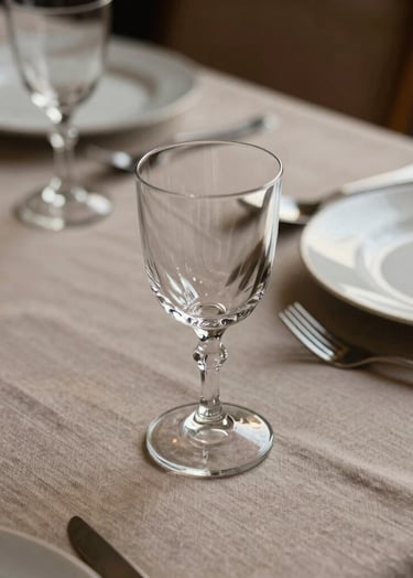 A close-up photograph of a minimalist table setting at a high-end cultural event in Brest. A single crystal glass reflects soft morning light. The palette includes warm taupe linens and soft off-white porcelain. Sophisticated and calm atmosphere.