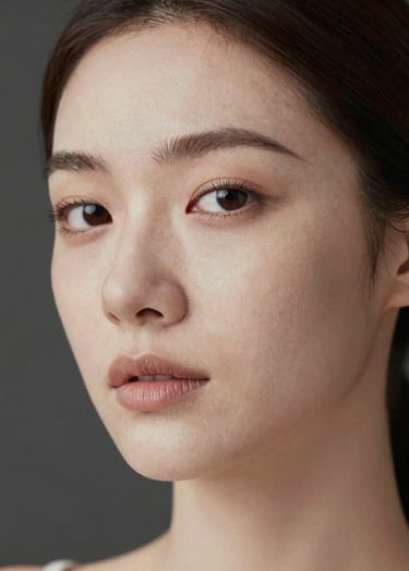 A high-end, artistic close-up portrait of a woman with soft, natural lighting. The color palette features soft off-white and warm taupe skin tones against a dark charcoal background. The composition is minimalist and elegant, focusing on the expressive gaze.