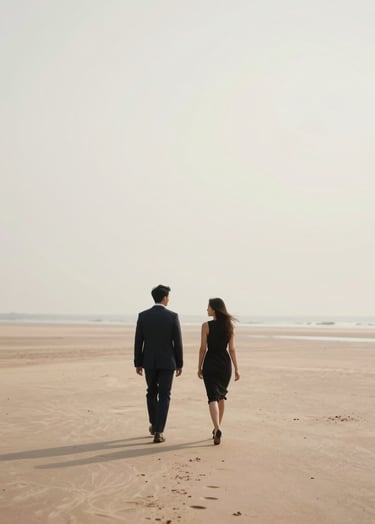 A professional portrait of a couple walking away on a sandy beach. The composition is minimalist with lots of negative space. The colors are dominated by warm taupe sand, soft off-white sky, and a touch of muted sage green in the distance. The mood is serene and refined.
