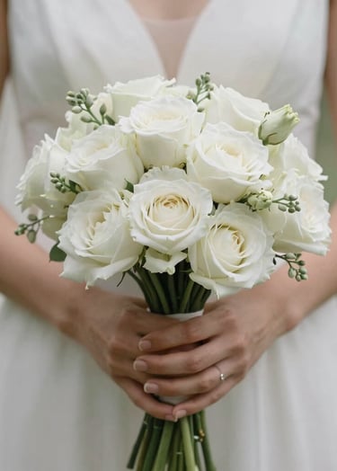 A close-up photograph of a bride's hands holding a simple, artistic bouquet of white flowers with muted sage green stems. The background is a blurred soft off-white. The lighting is natural and delicate, reflecting Camille Lefeuvre's sensitive photographic style.