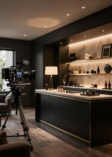 A cinematic wide shot of a professional film set within a modern North American / US luxury boutique. Sophisticated lighting rigs cast warm muted gold glows on sleek rich black interior surfaces, highlighting an exclusive production atmosphere.