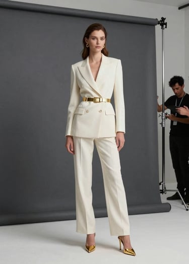 High-end luxury fashion photography behind the scenes, dark slate grey and soft off-white tones, gold accents, professional crew working in a sophisticated North American / US studio setting, cinematic lighting, sleek, premium atmosphere.