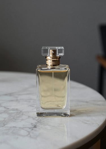 An elegant perfume bottle on a marble table, soft lighting, charcoal gray background, set in a North American / US luxury apartment interior.