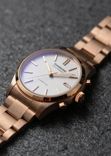 A close-up photograph of a high-end luxury watch on a dark graphite grey stone surface, with dramatic muted metallic gold rim lighting. The style is ultra-modern and cinematic, reflecting a North American / US luxury advertising aesthetic.