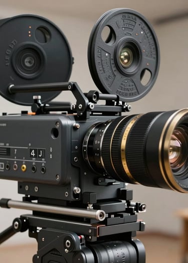 Close up of a high-end cinema camera rig on a set, dark slate grey metal, gold lens details, professional and exclusive atmosphere in a North American / US studio.