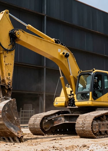 Low-angle heroic shot of a heavy yellow excavator leveling a massive industrial construction site in Campinas, harsh daylight, high contrast steel and dust textures, 35mm