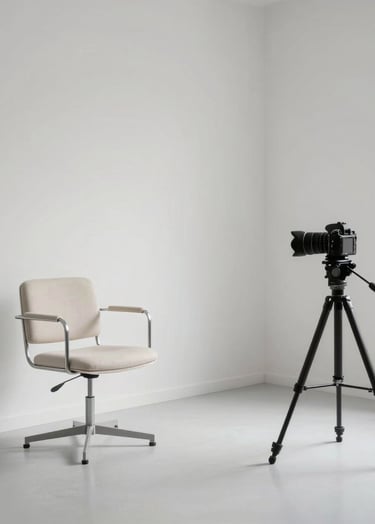A minimalist and elegant photography studio interior in Spain, clean white walls, a single designer chair, and a camera on a tripod, cinematic lighting, off-white and charcoal grey tones.