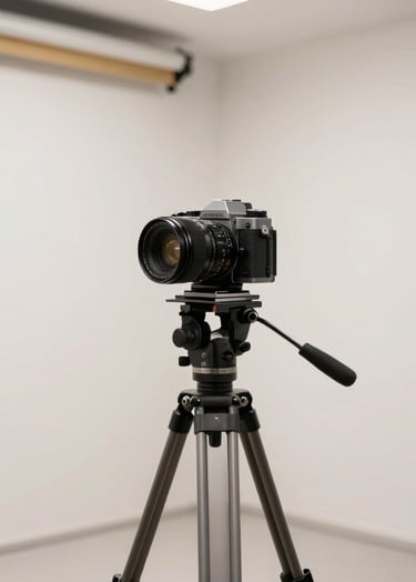 High-end professional photography studio interior in Spain, off-white walls, a single vintage camera on a tripod, minimalist and bright atmosphere.