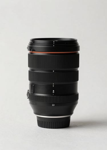Modern minimalist photography of a professional camera lens on a clean off white background, soft natural side lighting, European / Spanish studio setting, elegant and professional aesthetic.