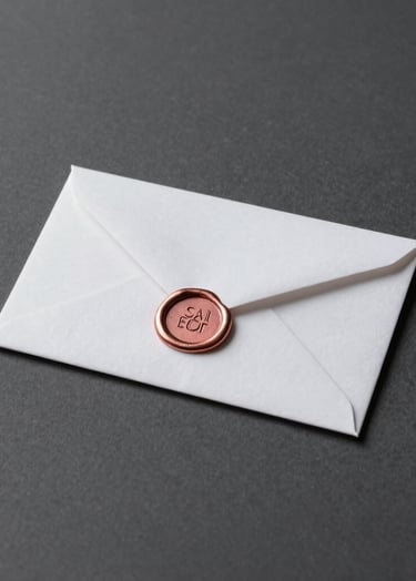 A minimalist and professional still life featuring a small white envelope and a rose gold wax seal on a charcoal gray background. Elegant, understated, and sophisticated European design.