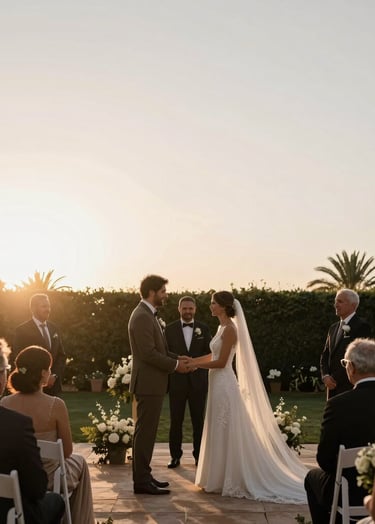Candid shot of a couple during a wedding ceremony in a Spanish garden, elegant attire, sunset backlighting, minimalist composition, featuring muted brown and off-white colors.