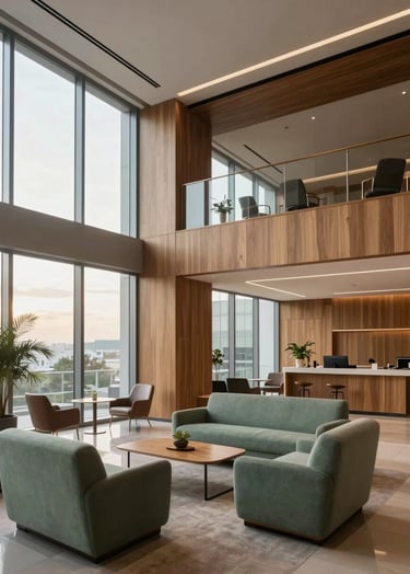 Wide-angle professional architectural photography of a sophisticated corporate lounge in a South American / Brazilian office building. The space features clean minimalist lines, natural wood paneling, and soft muted green upholstered furniture. Large floor-to-ceiling windows bring in soft afternoon light. Atmosphere is elegant and professional.